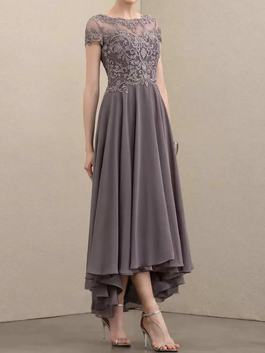 Women's Chiffon Mother of The Bride Dress Tea Length Lace Appliques Cap Sleeve Formal Dresses