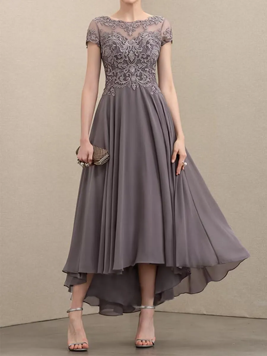 Women's Chiffon Mother of The Bride Dress Tea Length Lace Appliques Cap Sleeve Formal Dresses