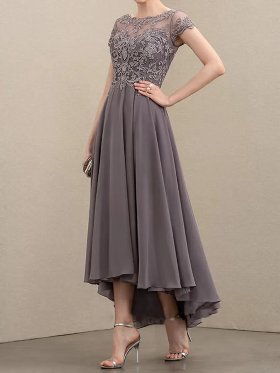 Women's Chiffon Mother of The Bride Dress Tea Length Lace Appliques Cap Sleeve Formal Dresses