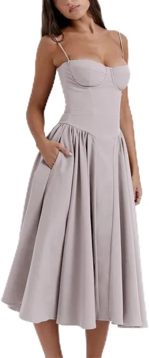 Womens Corset Dress Sexy Spaghetti Strap Bustier Midi Dress Low Cut Flowy Pleated Hem Formal Dresses with Pockets