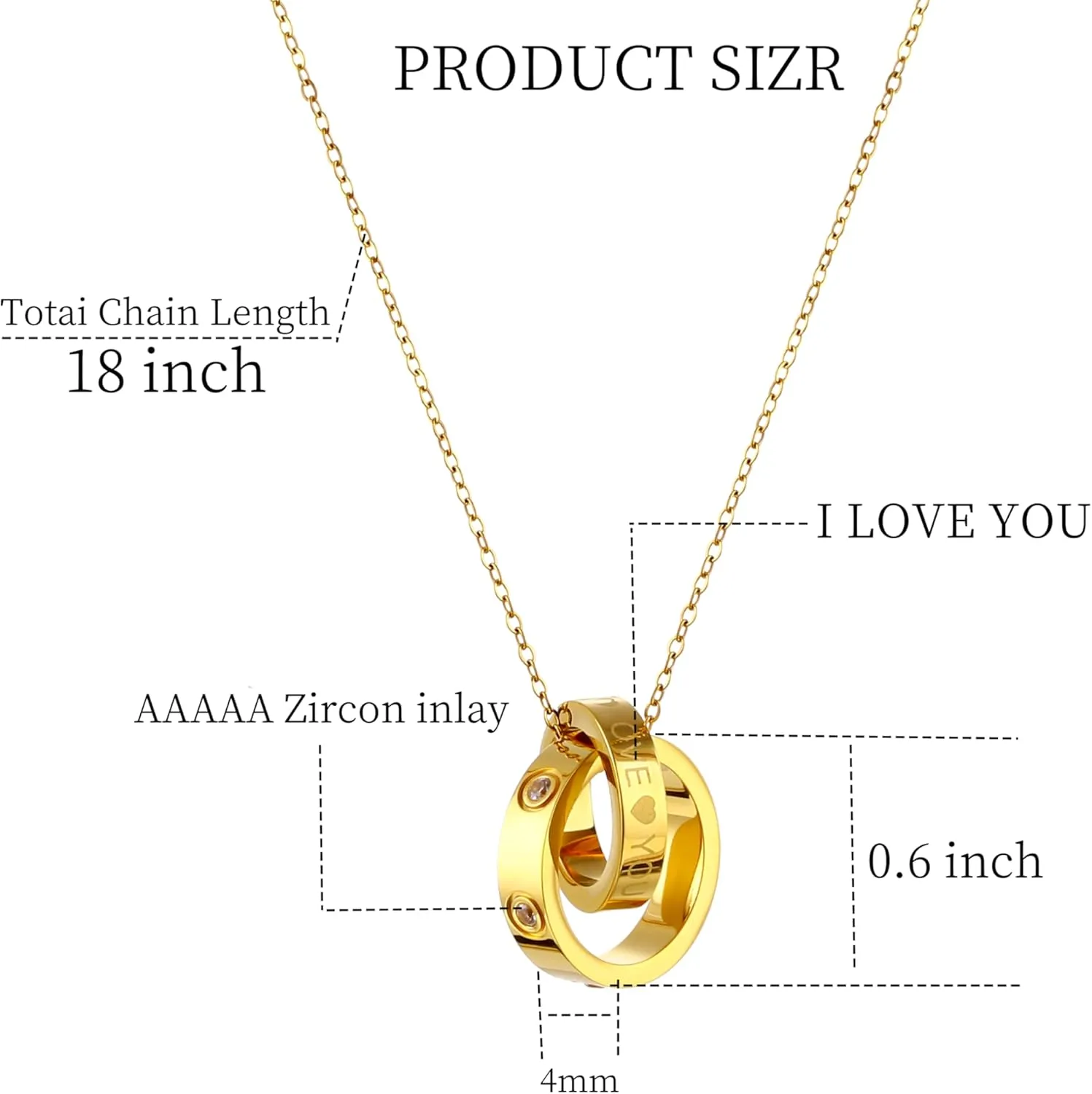 Women's Cubic Zirconia Round Necklace, 18K Gold Stainless Steel Heart-Shaped Double Ring Necklace, Suitable for Birthdays, Anniversaries, Valentine's Day, Mother's Day Gifts