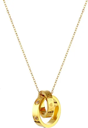Women's Cubic Zirconia Round Necklace, 18K Gold Stainless Steel Heart-Shaped Double Ring Necklace, Suitable for Birthdays, Anniversaries, Valentine's Day, Mother's Day Gifts
