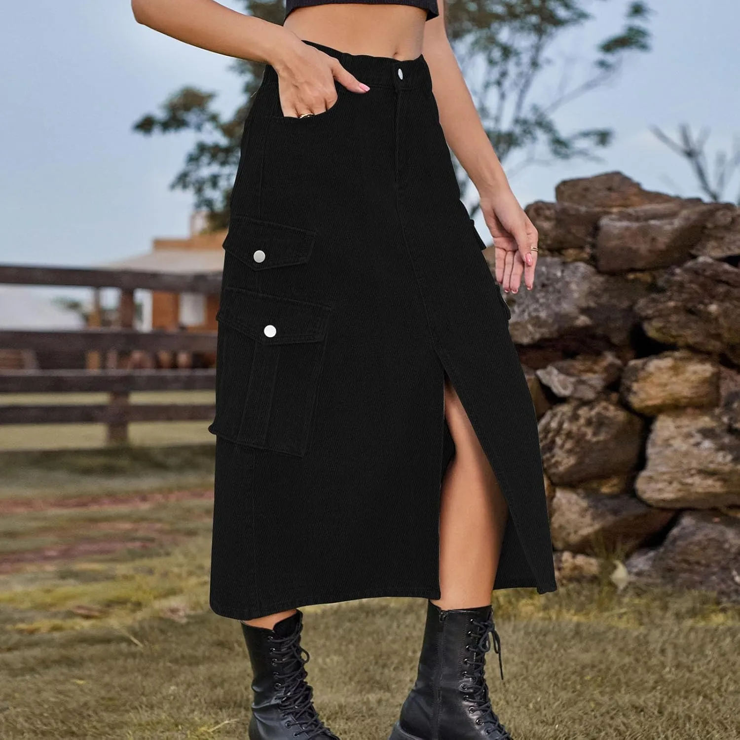 Womens Denim Midi Skirts Split Front Streetwear Teen Girls Summer Elastic Waisted Long Cargo Jean Skirt with 6 Pockets