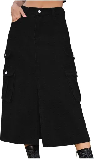 Womens Denim Midi Skirts Split Front Streetwear Teen Girls Summer Elastic Waisted Long Cargo Jean Skirt with 6 Pockets