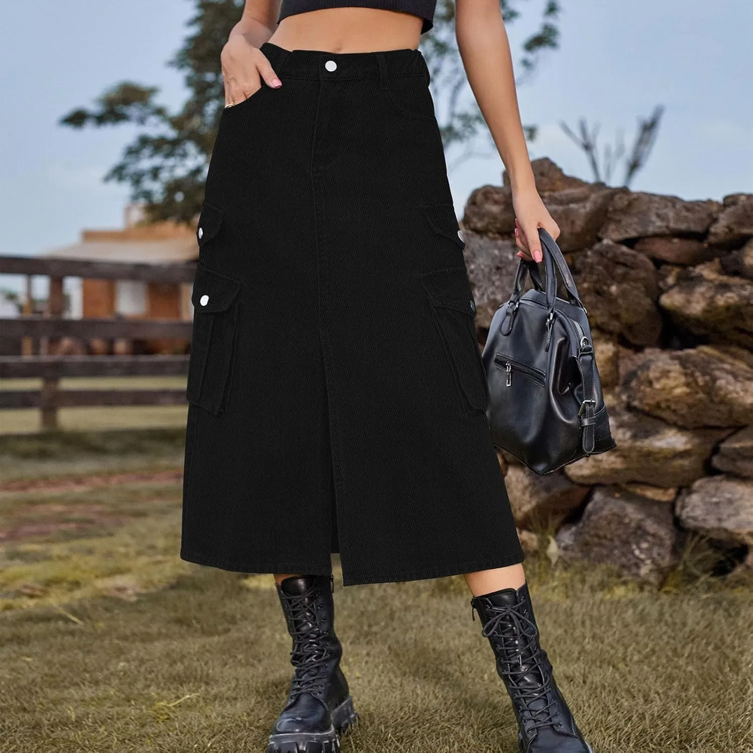 Womens Denim Midi Skirts Split Front Streetwear Teen Girls Summer Elastic Waisted Long Cargo Jean Skirt with 6 Pockets