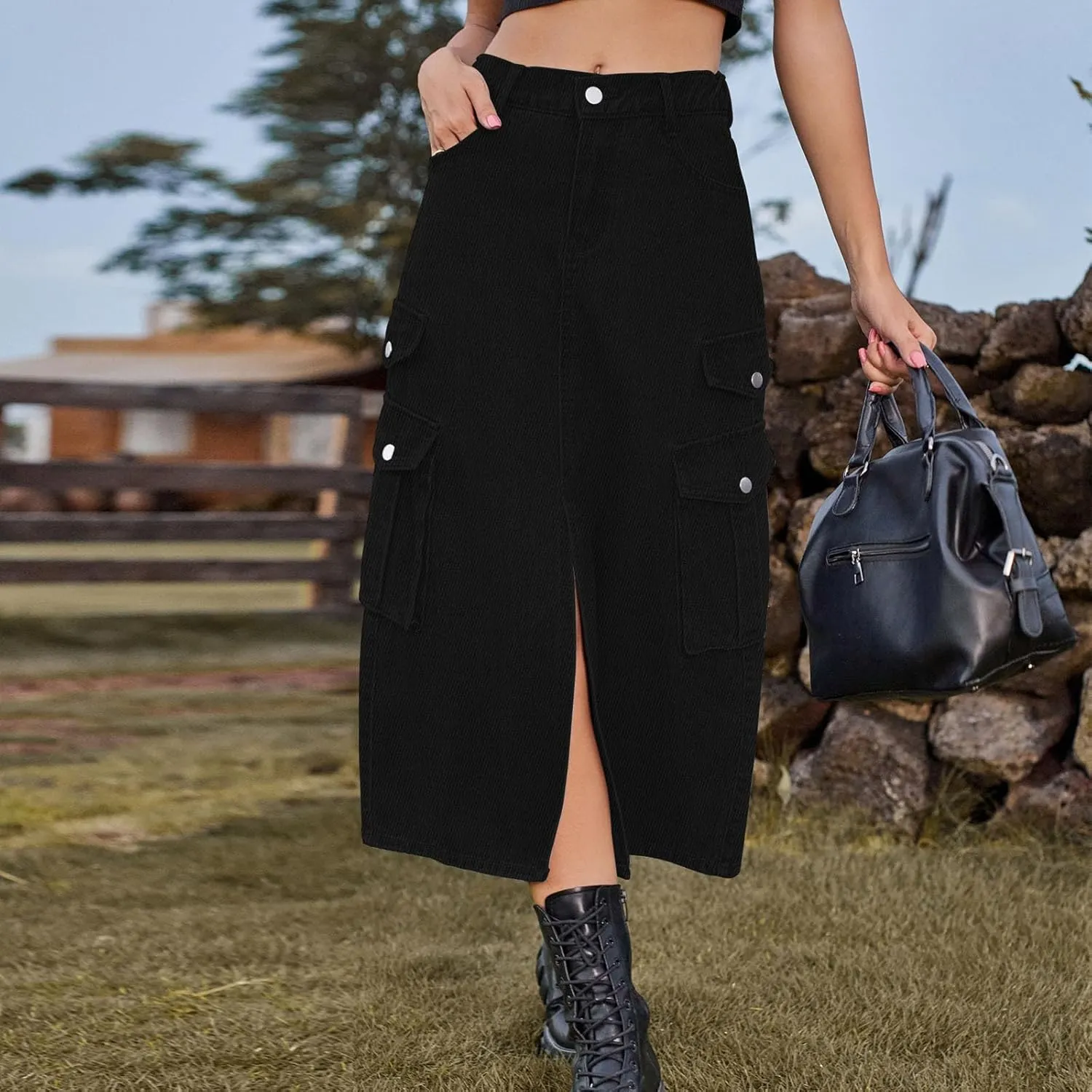 Womens Denim Midi Skirts Split Front Streetwear Teen Girls Summer Elastic Waisted Long Cargo Jean Skirt with 6 Pockets