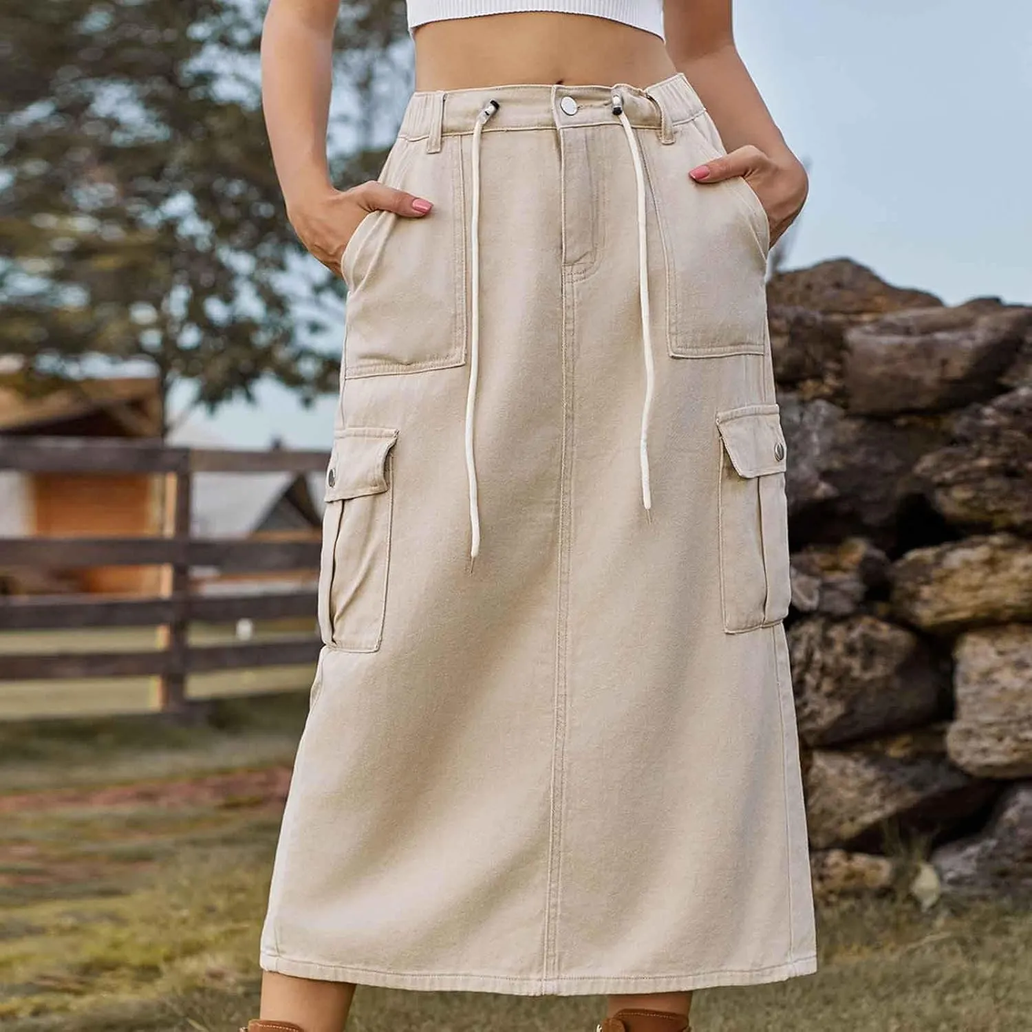 Womens Denim Skirts High Waisted Bodycon Casual Solid Color Maxi Skirt Button Zipper Work Skirts with Flap Pockets