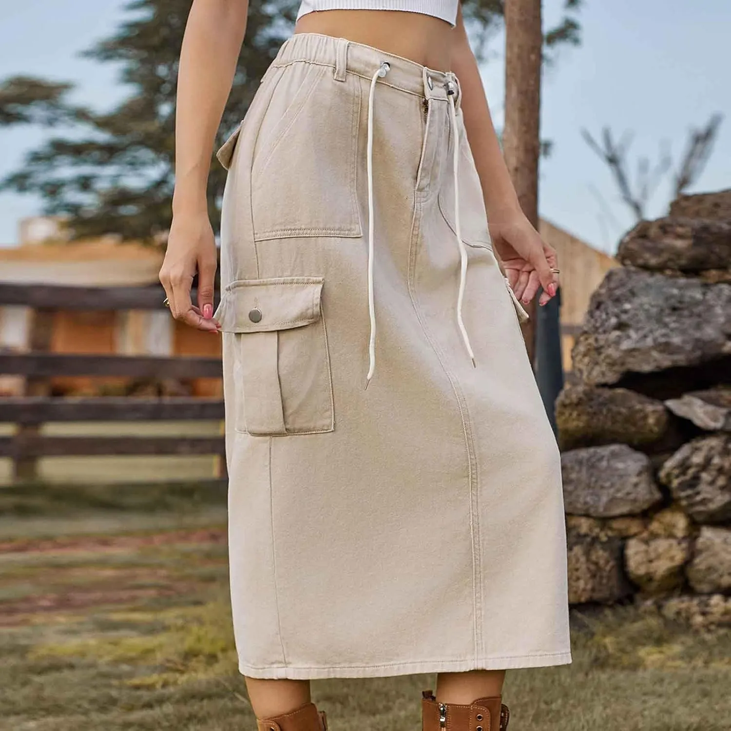 Womens Denim Skirts High Waisted Bodycon Casual Solid Color Maxi Skirt Button Zipper Work Skirts with Flap Pockets
