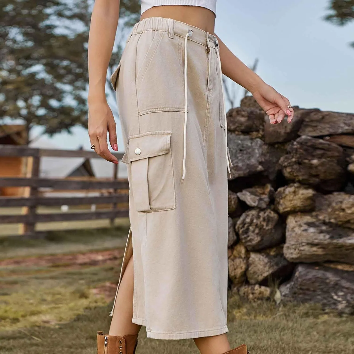 Womens Denim Skirts High Waisted Bodycon Casual Solid Color Maxi Skirt Button Zipper Work Skirts with Flap Pockets