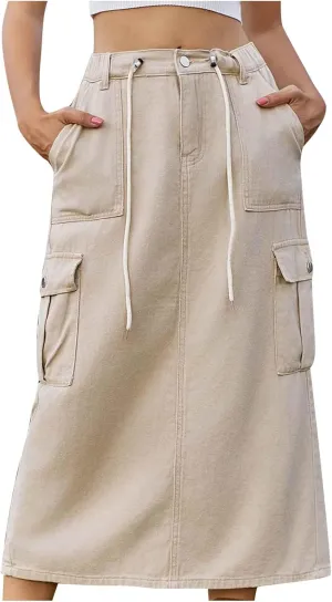 Womens Denim Skirts High Waisted Bodycon Casual Solid Color Maxi Skirt Button Zipper Work Skirts with Flap Pockets