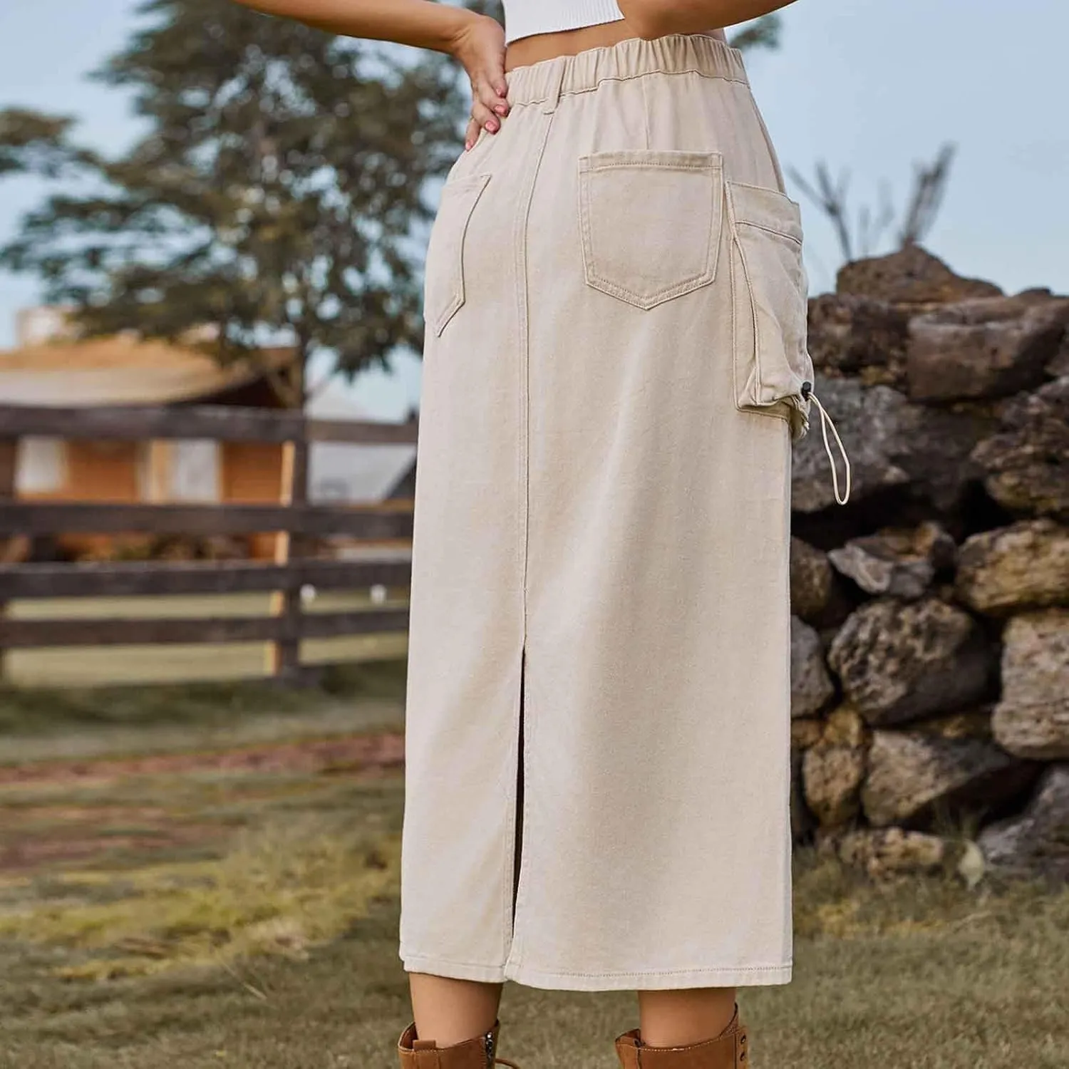 Womens Denim Skirts High Waisted Bodycon Casual Solid Color Maxi Skirt Button Zipper Work Skirts with Flap Pockets