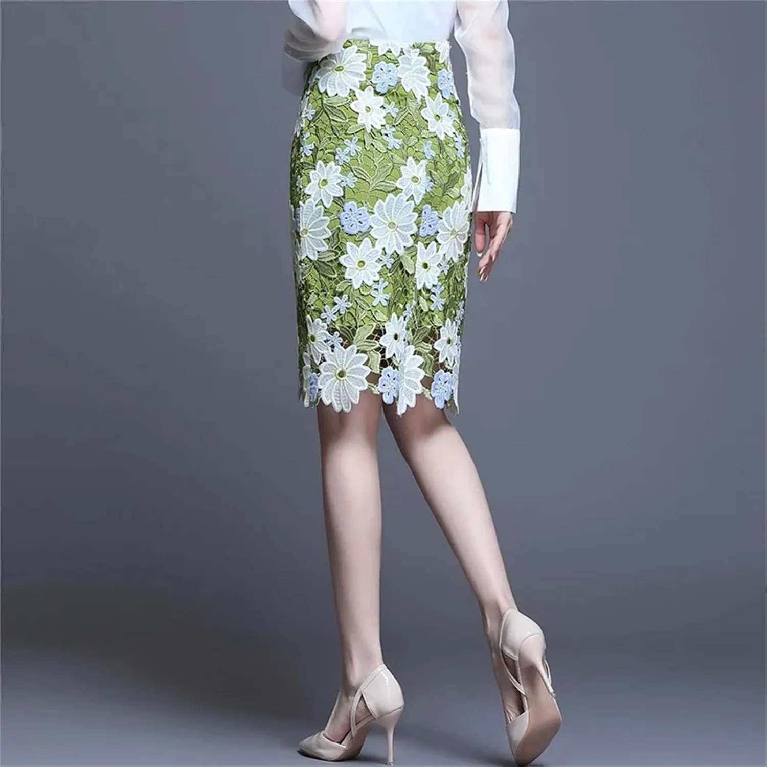 Women's Elegant Hollow Out Flower Lace Midi Skirt Holiday 2025 Summer Floral Embroidered Skirt