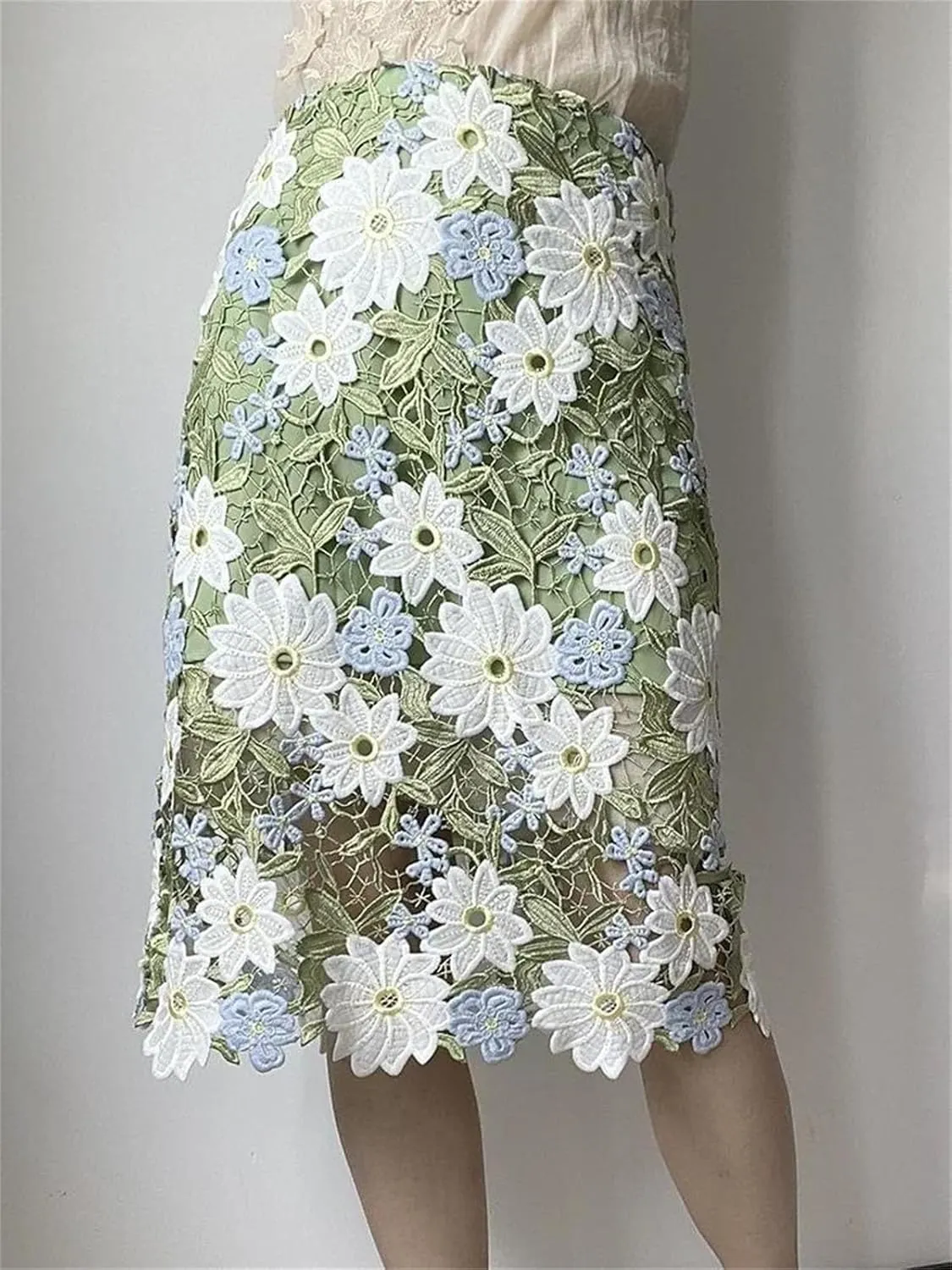 Women's Elegant Hollow Out Flower Lace Midi Skirt Holiday 2025 Summer Floral Embroidered Skirt
