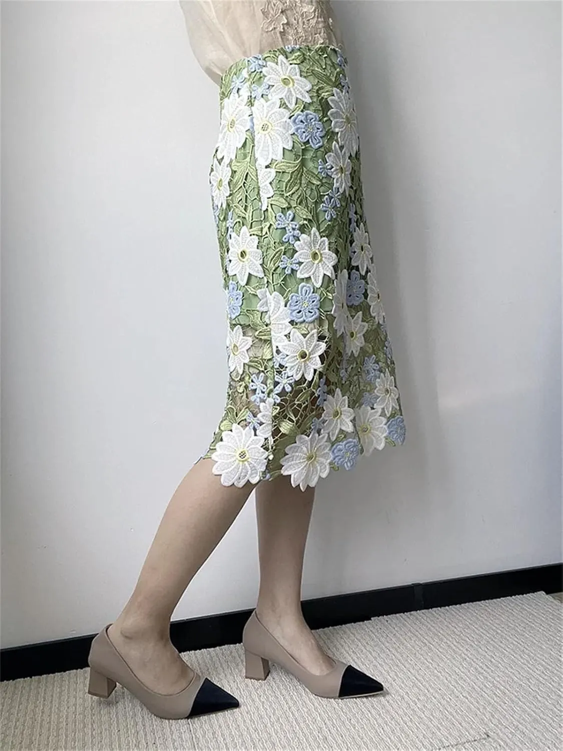 Women's Elegant Hollow Out Flower Lace Midi Skirt Holiday 2025 Summer Floral Embroidered Skirt