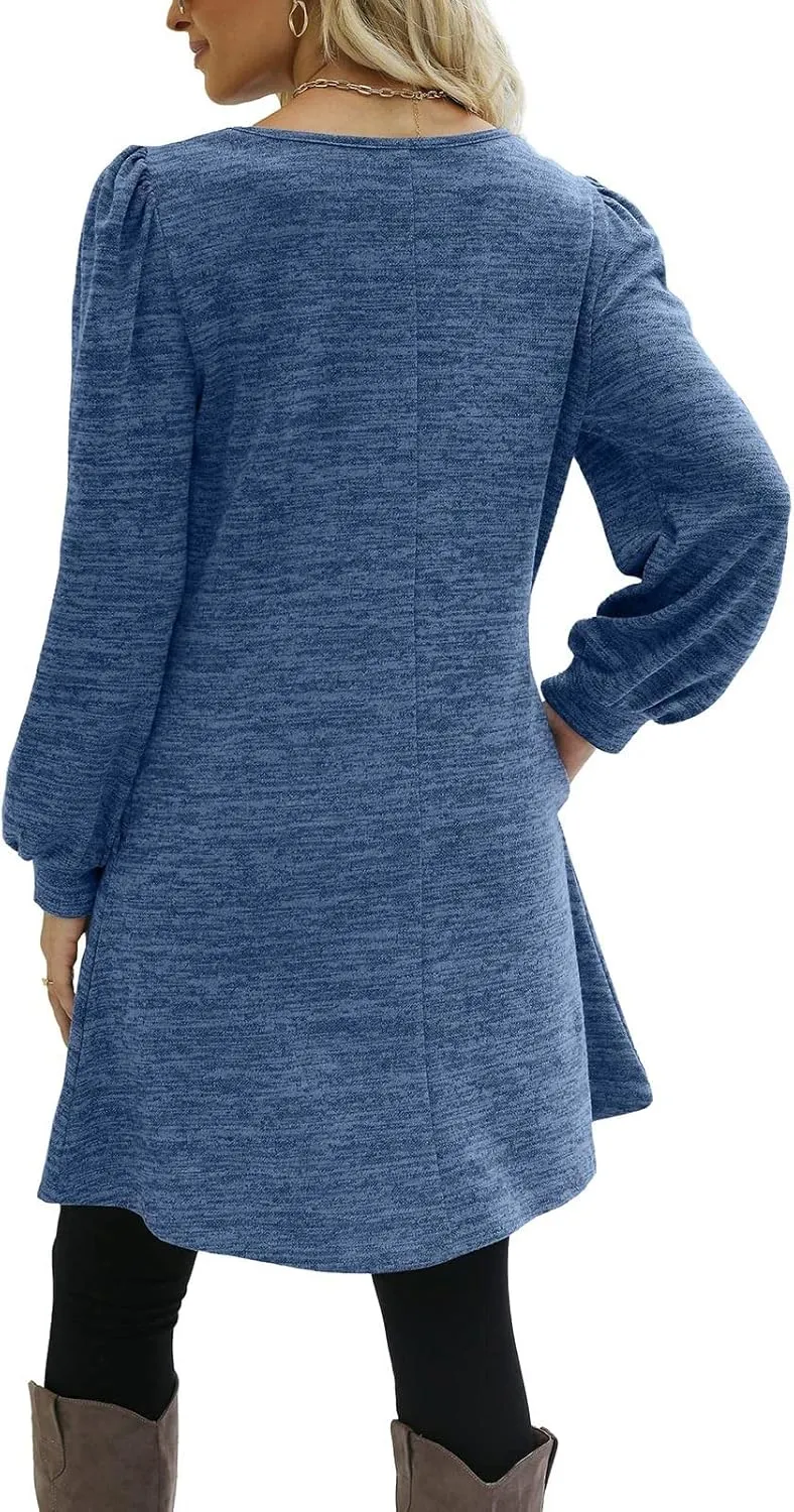 Women's Fall Winter Casual Trendy Loose Long Sleeve Crew Neck Button Solid Snowflake Print Christmas Dress, S-3XL
