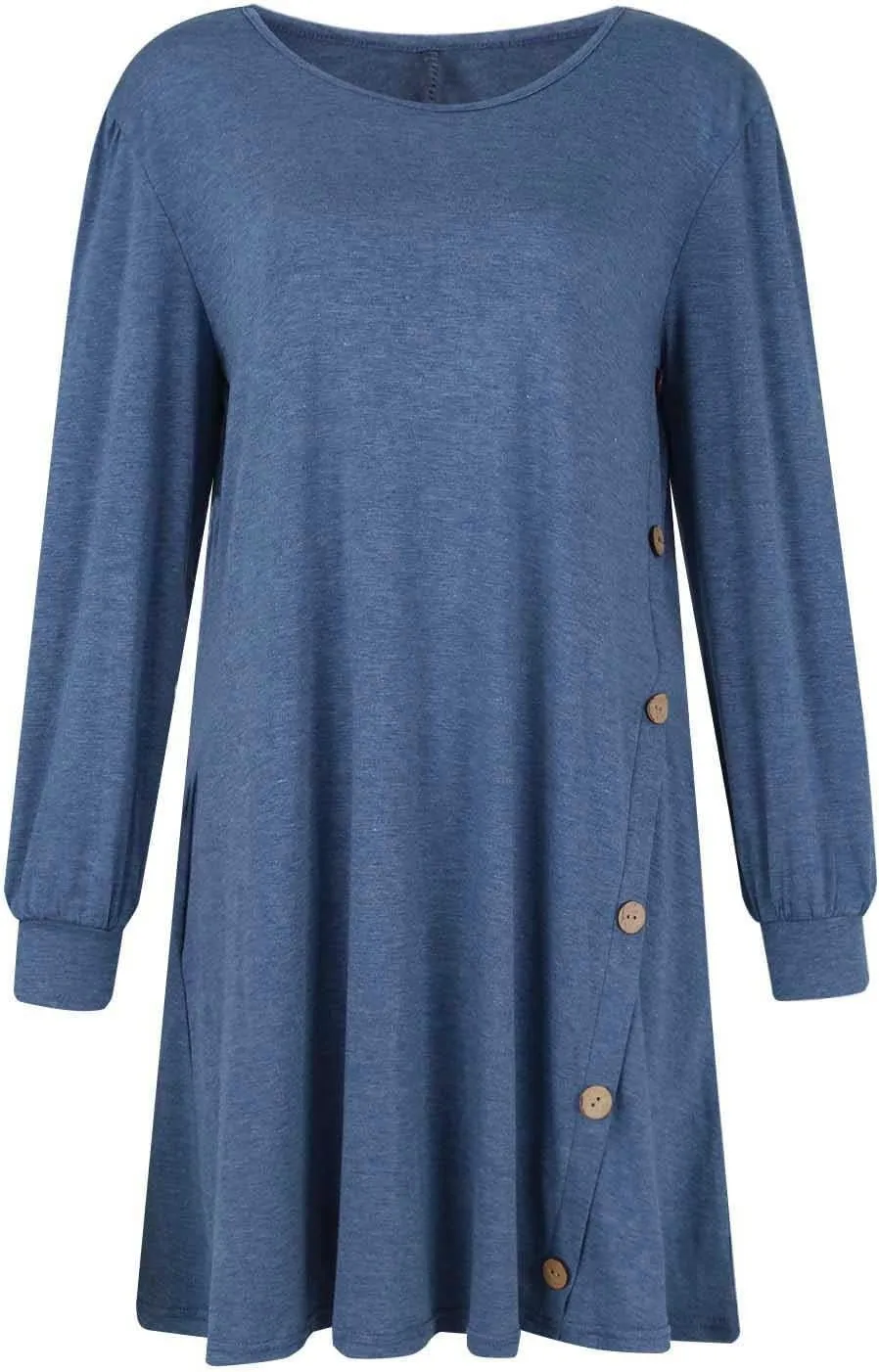 Women's Fall Winter Casual Trendy Loose Long Sleeve Crew Neck Button Solid Snowflake Print Christmas Dress, S-3XL
