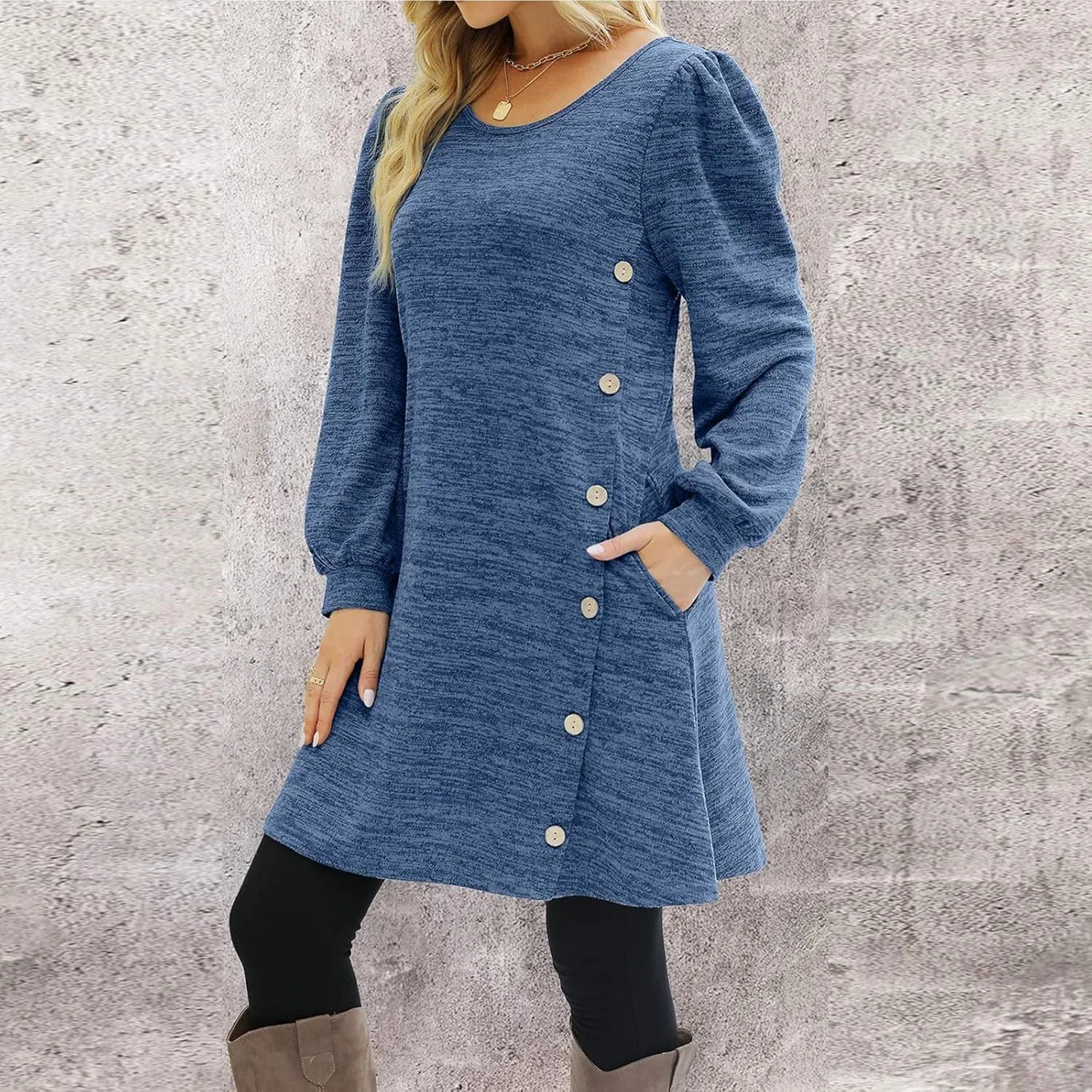 Women's Fall Winter Casual Trendy Loose Long Sleeve Crew Neck Button Solid Snowflake Print Christmas Dress, S-3XL