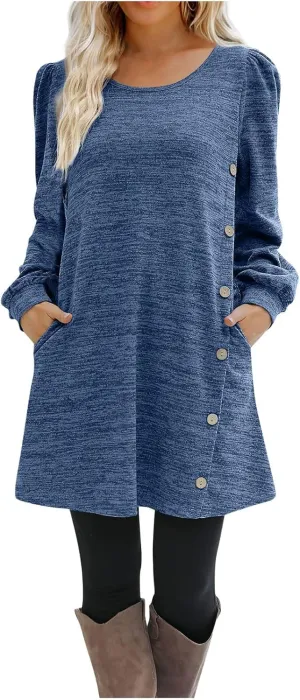 Women's Fall Winter Casual Trendy Loose Long Sleeve Crew Neck Button Solid Snowflake Print Christmas Dress, S-3XL