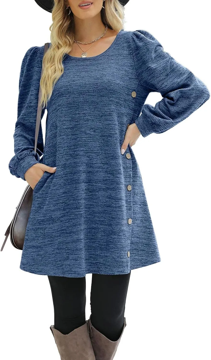 Women's Fall Winter Casual Trendy Loose Long Sleeve Crew Neck Button Solid Snowflake Print Christmas Dress, S-3XL