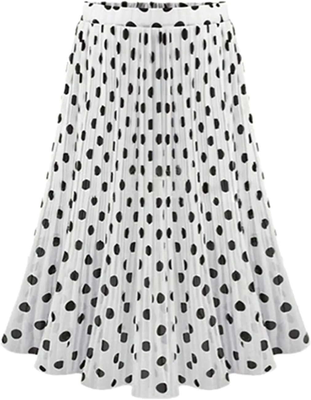 Womens Fashion Casual Polka Dot Pleated High Waist Midi Skirt Flared Skater Swing Holiday Skirting Board Wood White