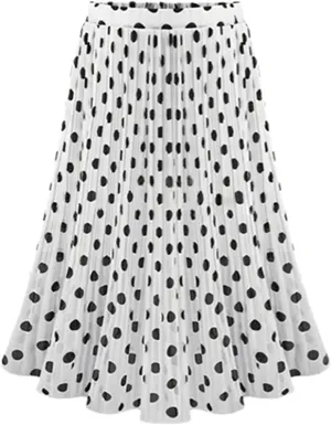 Womens Fashion Casual Polka Dot Pleated High Waist Midi Skirt Flared Skater Swing Holiday Skirting Board Wood White
