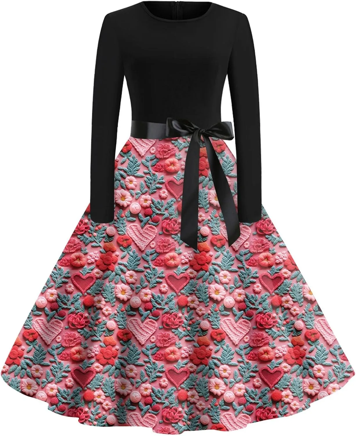 Women's Fashion Round Neck Casual Slim Valentine's Day Printed Long Sleeve Dresses Fashion