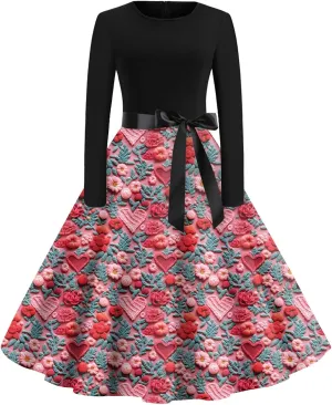 Women's Fashion Round Neck Casual Slim Valentine's Day Printed Long Sleeve Dresses Fashion