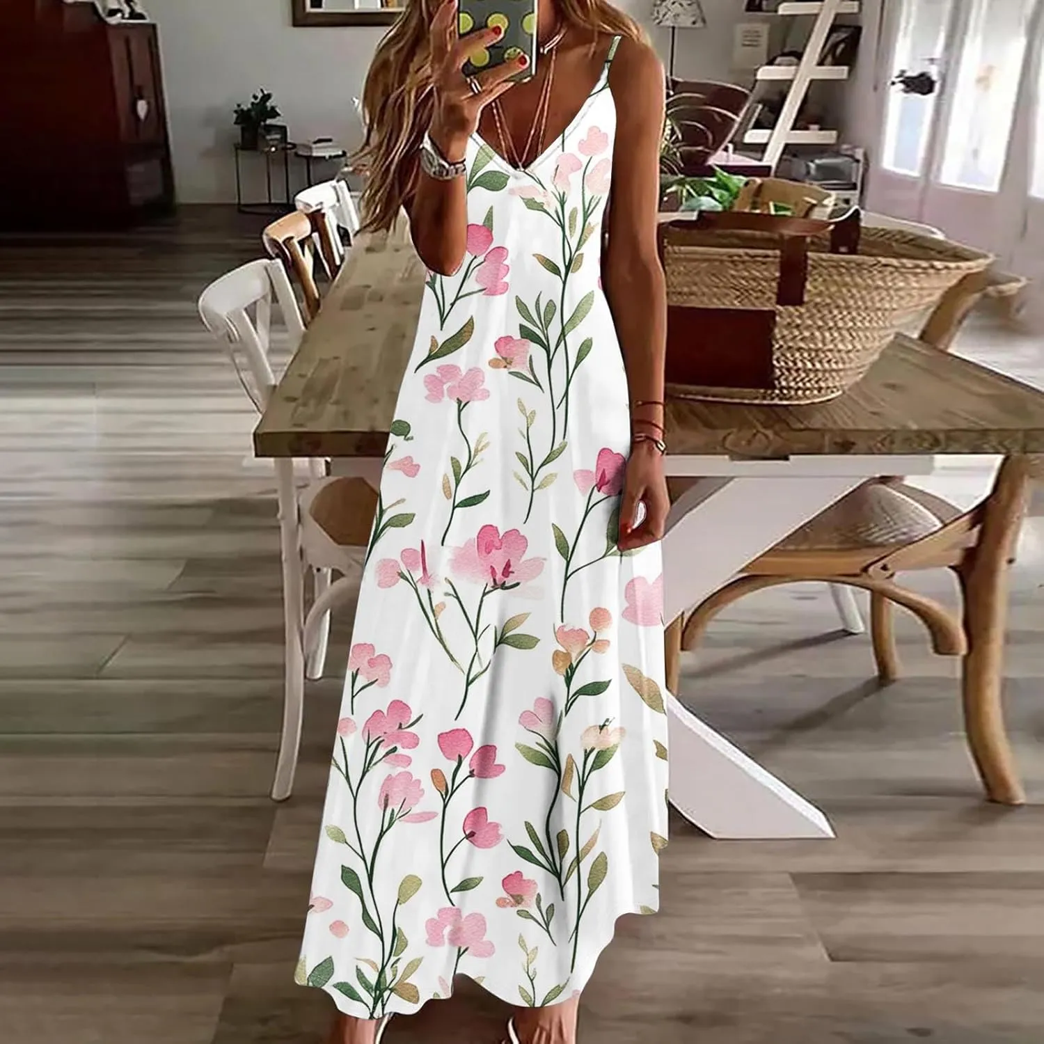 Womens Floral Boho Spring Dresses Spaghetti Strap Cute Sundresses Casual Long Maxi Dress Beach Vacation Clothes 2025