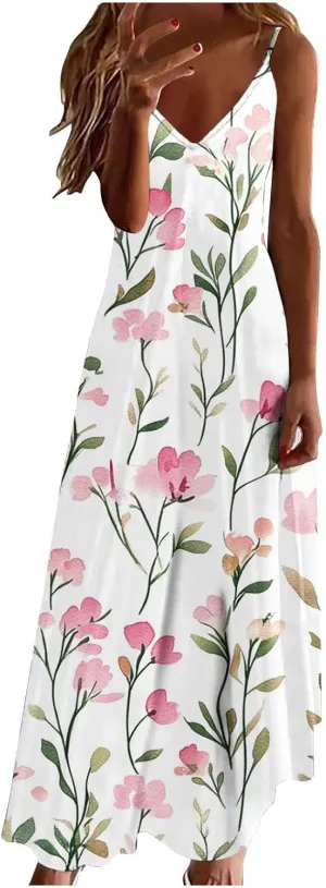 Womens Floral Boho Spring Dresses Spaghetti Strap Cute Sundresses Casual Long Maxi Dress Beach Vacation Clothes 2025