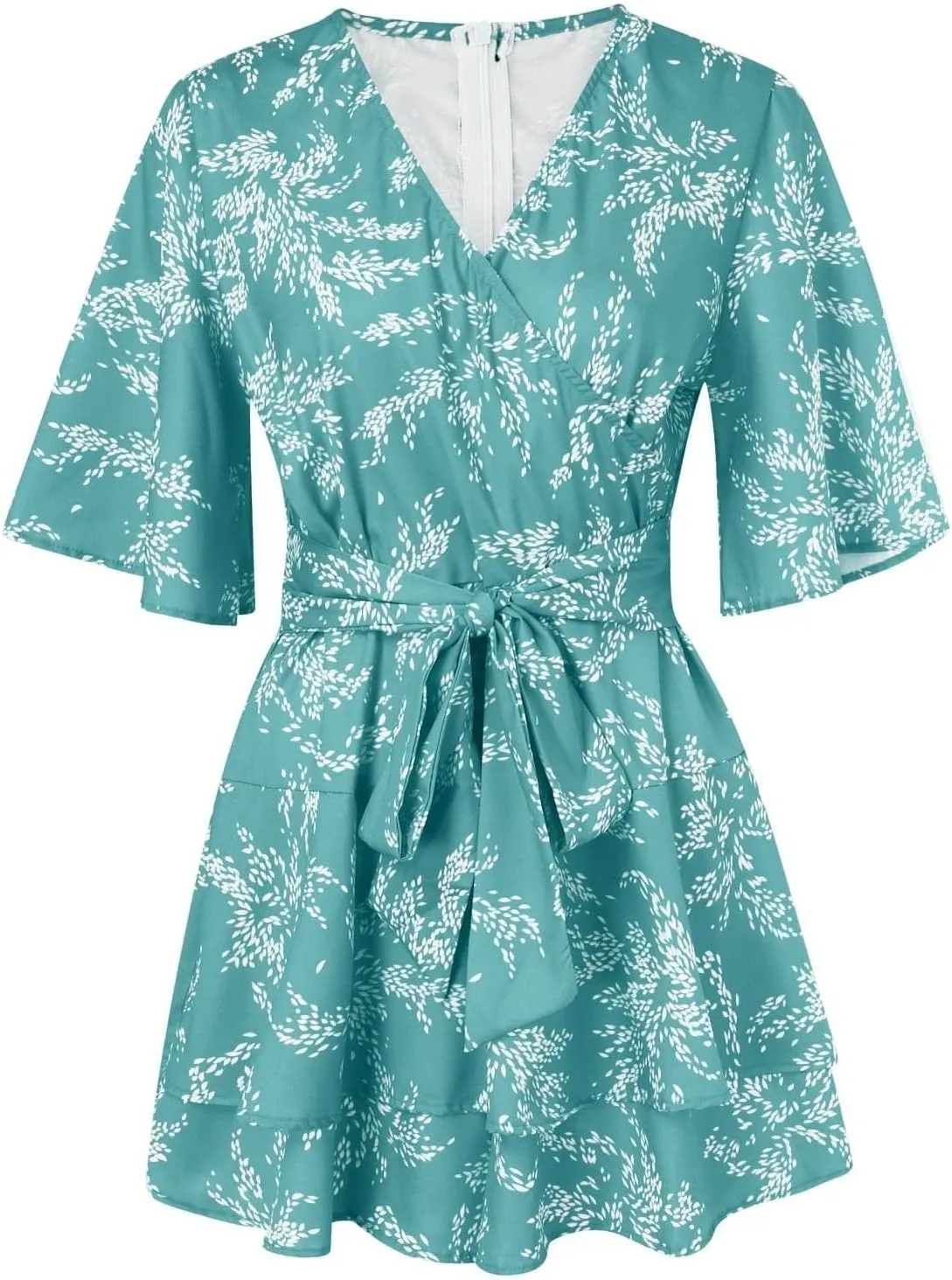 Women's Floral Dress Flowy Midi Skirts Summer Boho Beach Sundress Casual Ruffled Sleeve Waist Lace-up Romper Dresses