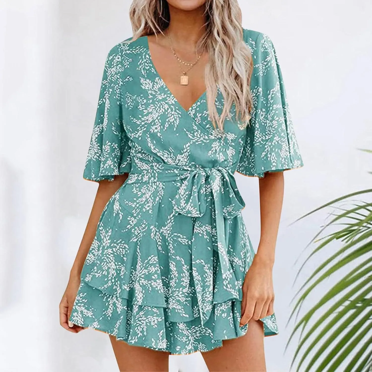 Women's Floral Dress Flowy Midi Skirts Summer Boho Beach Sundress Casual Ruffled Sleeve Waist Lace-up Romper Dresses