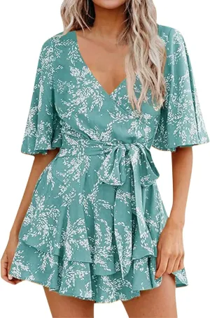 Women's Floral Dress Flowy Midi Skirts Summer Boho Beach Sundress Casual Ruffled Sleeve Waist Lace-up Romper Dresses
