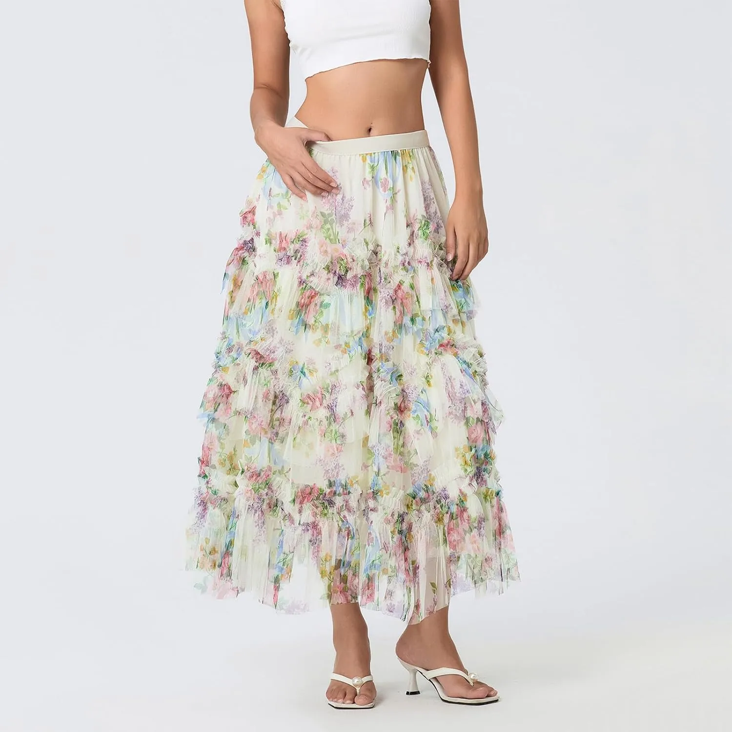 Women's Floral Midi Skirts Irregular Flowy A-line Pleated Skirt Mesh Tiered High Waisted Fairy Skirt Casual Skirt