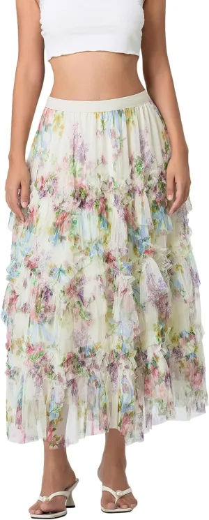 Women's Floral Midi Skirts Irregular Flowy A-line Pleated Skirt Mesh Tiered High Waisted Fairy Skirt Casual Skirt