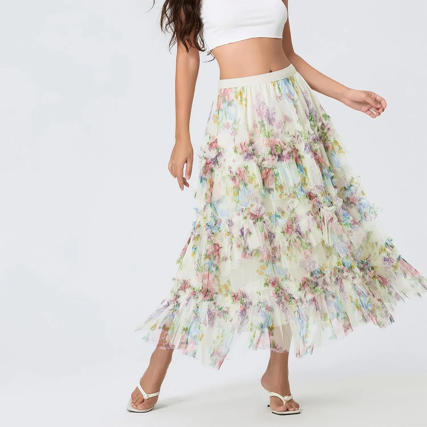 Women's Floral Midi Skirts Irregular Flowy A-line Pleated Skirt Mesh Tiered High Waisted Fairy Skirt Casual Skirt