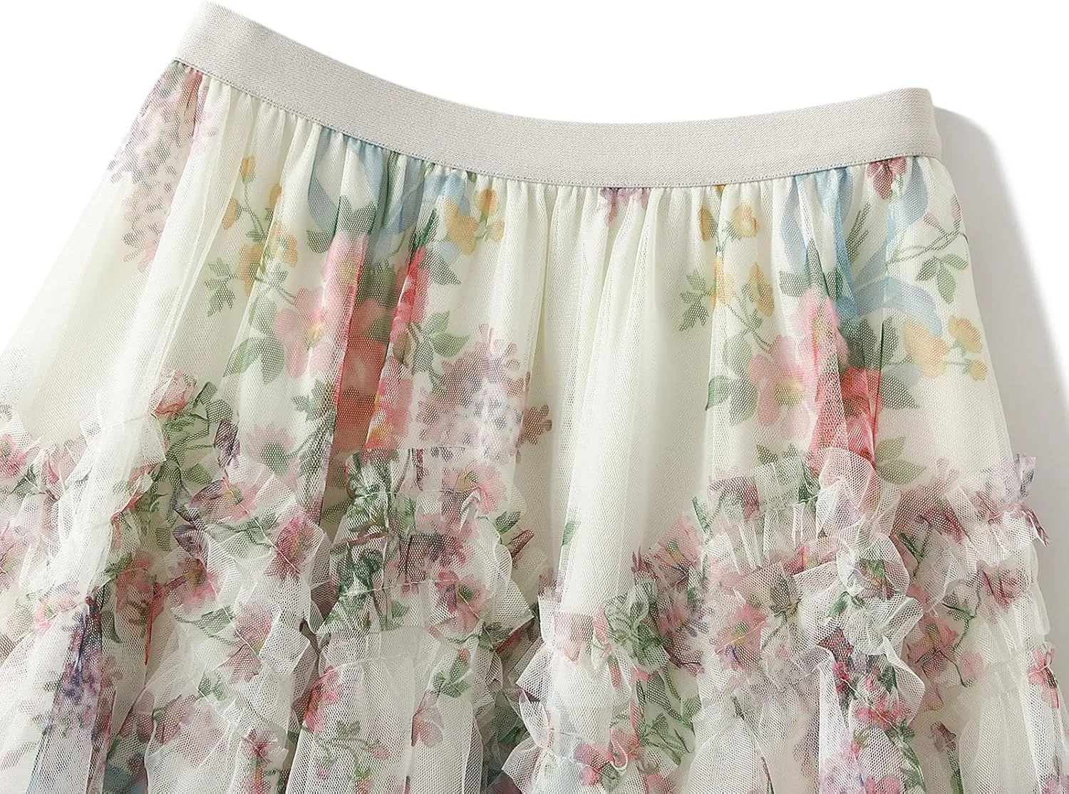 Women's Floral Midi Skirts Irregular Flowy A-line Pleated Skirt Mesh Tiered High Waisted Fairy Skirt Casual Skirt