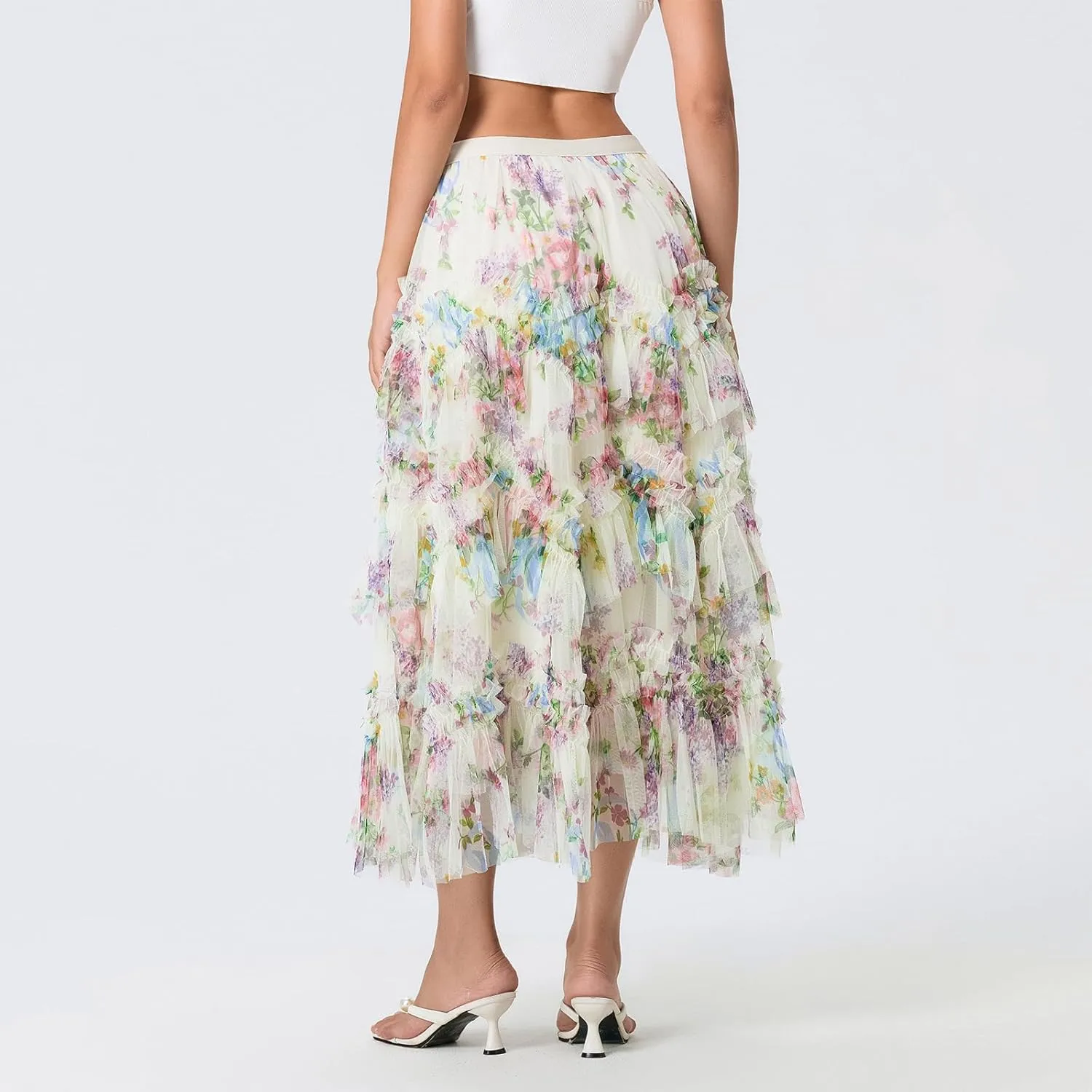 Women's Floral Midi Skirts Irregular Flowy A-line Pleated Skirt Mesh Tiered High Waisted Fairy Skirt Casual Skirt