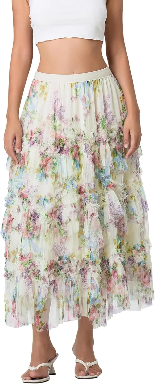 Women's Floral Midi Skirts Irregular Flowy A-line Pleated Skirt Mesh Tiered High Waisted Fairy Skirt Casual Skirt