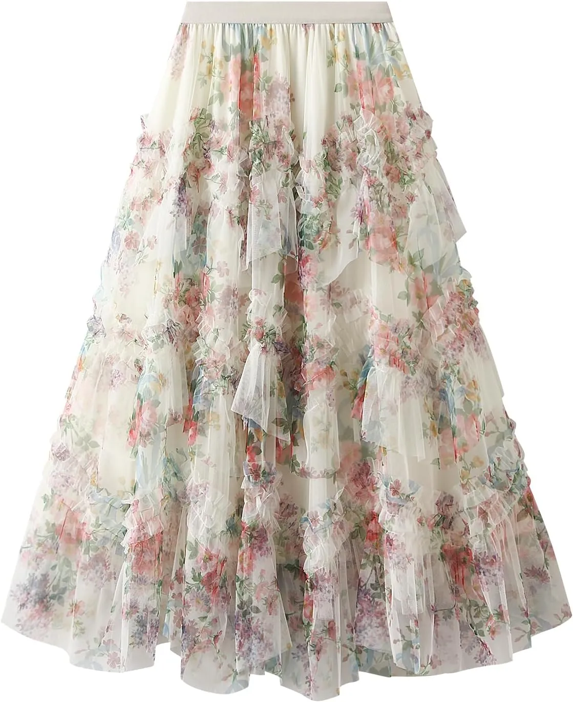 Women's Floral Midi Skirts Irregular Flowy A-line Pleated Skirt Mesh Tiered High Waisted Fairy Skirt Casual Skirt