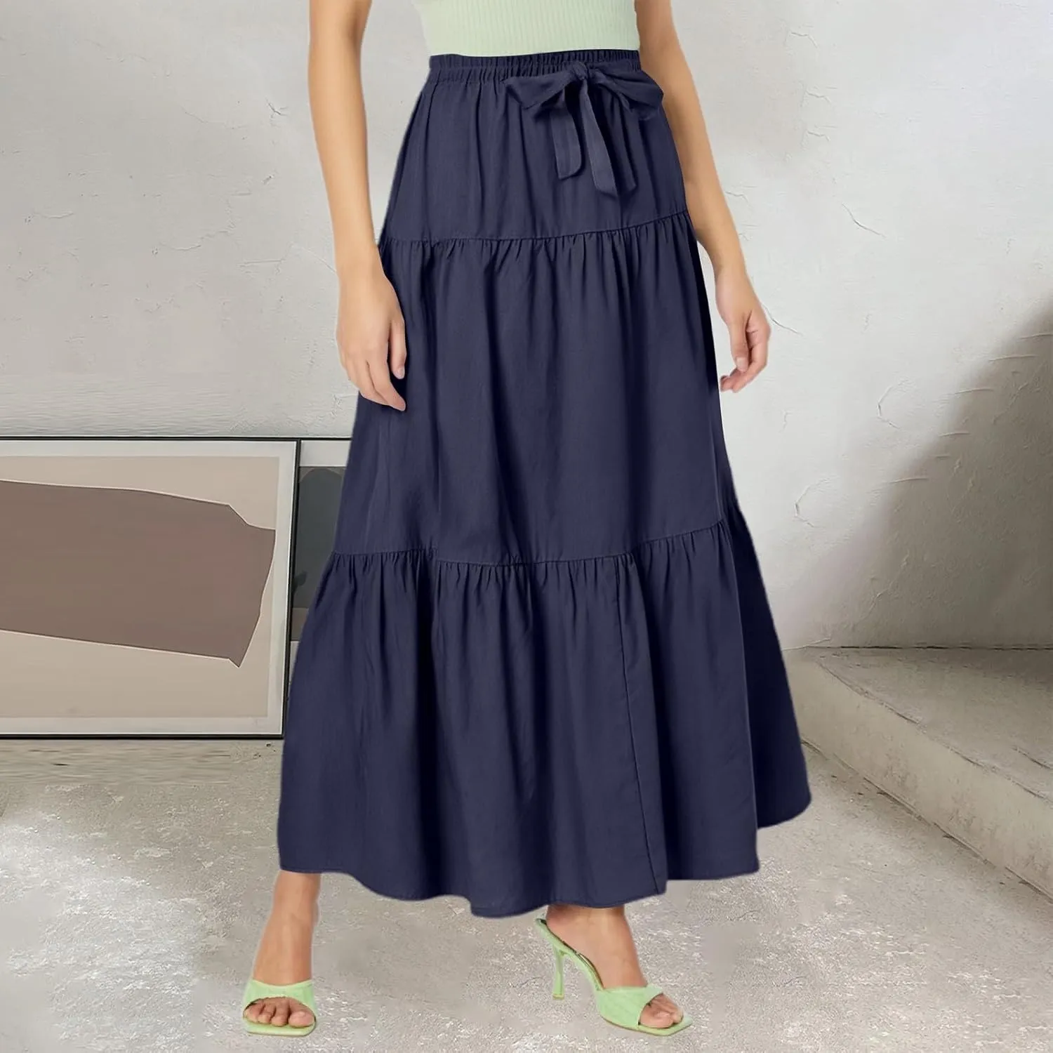 Women's Flowy Flared Ruffle Boho Long Skirt Casual a-line Bow tie Loose Trendy Summer Maxi Skirt for Women Vacation