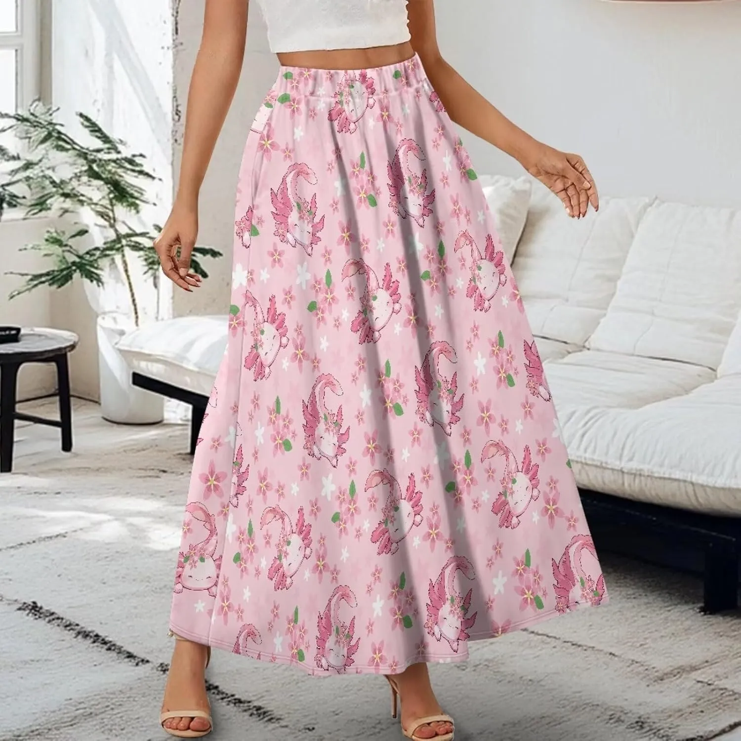 Women's Flowy Maxi Skirt High Waist Leopard Skirts with Pockets Elegant Going Out Work Party A-Line Skirt Summer