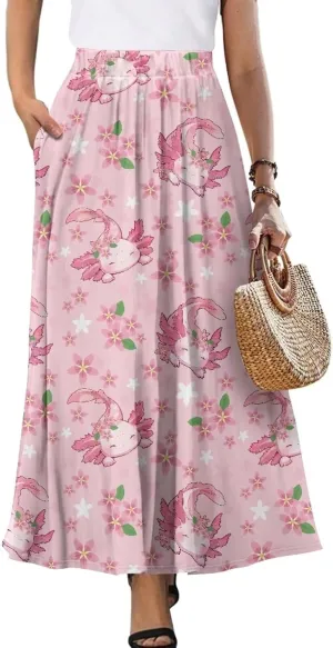 Women's Flowy Maxi Skirt High Waist Leopard Skirts with Pockets Elegant Going Out Work Party A-Line Skirt Summer