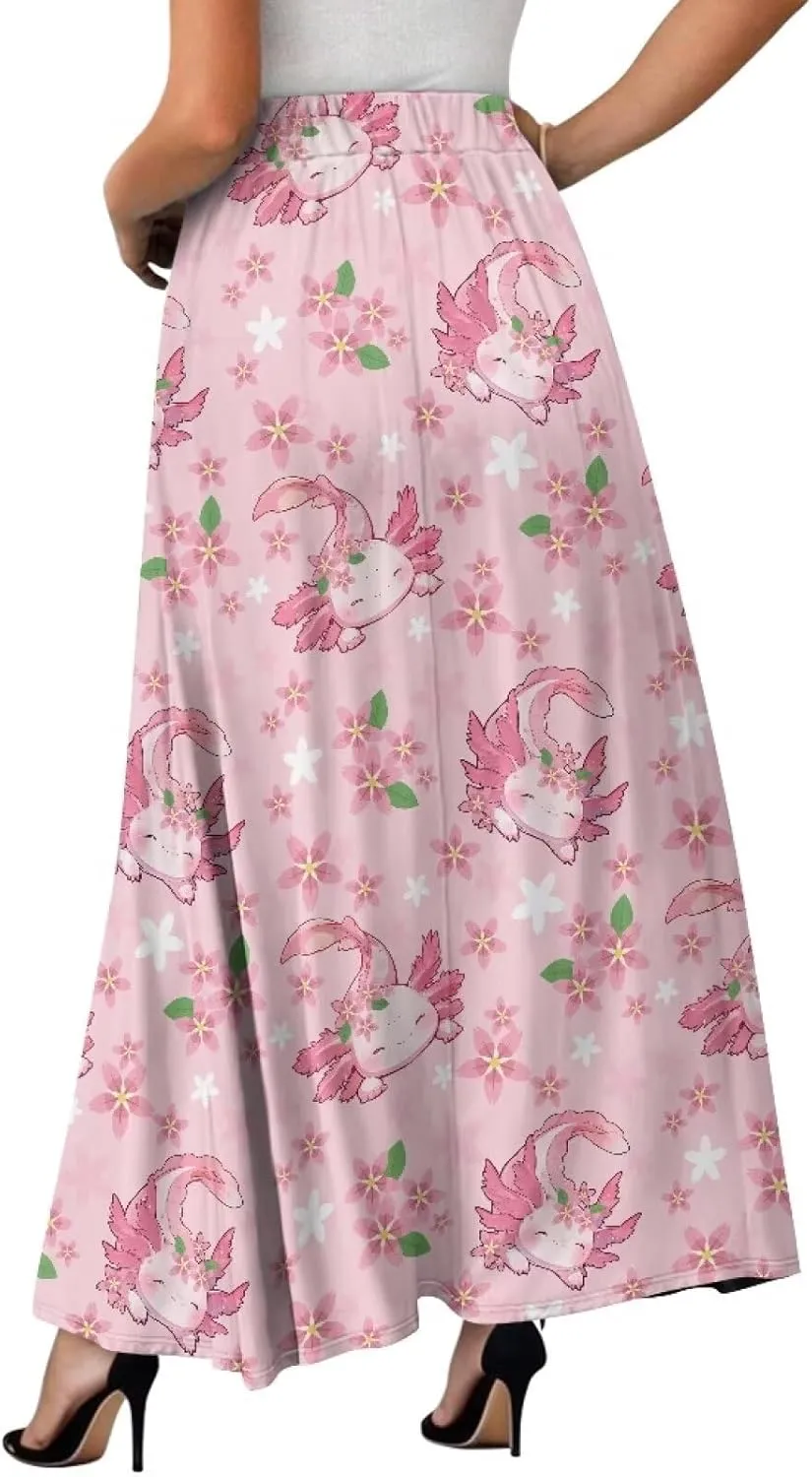 Women's Flowy Maxi Skirt High Waist Leopard Skirts with Pockets Elegant Going Out Work Party A-Line Skirt Summer