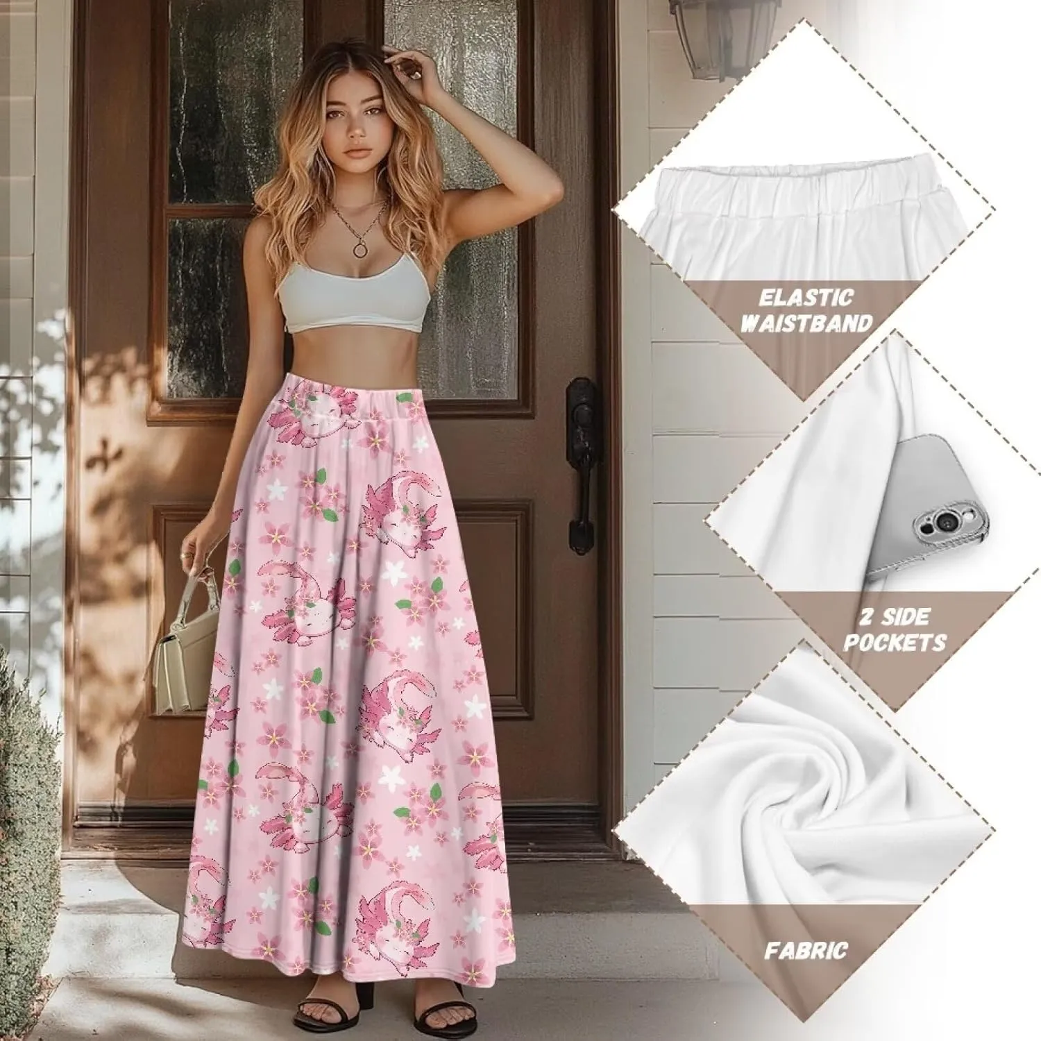 Women's Flowy Maxi Skirt High Waist Leopard Skirts with Pockets Elegant Going Out Work Party A-Line Skirt Summer