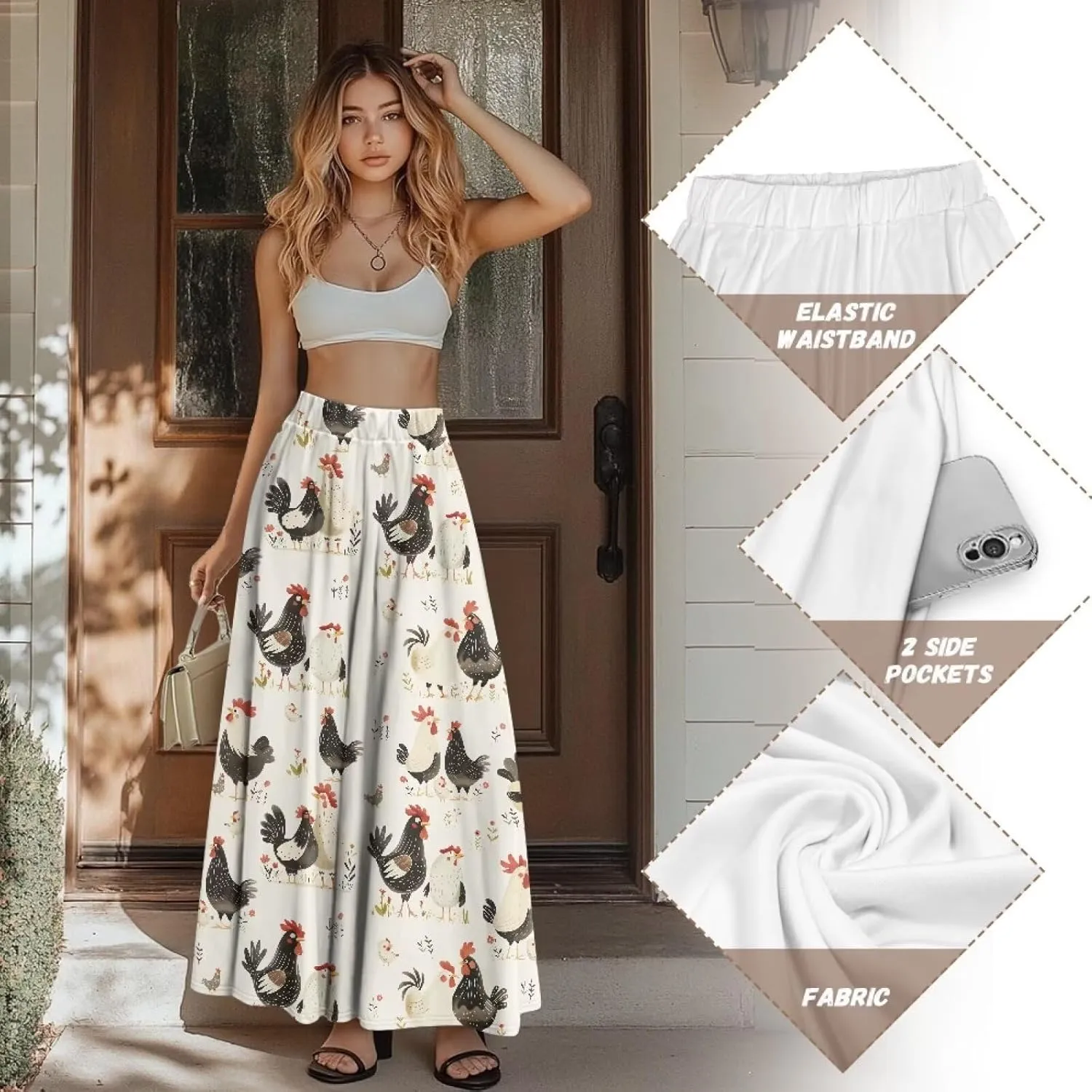 Women's Flowy Maxi Skirt High Waist Leopard Skirts with Pockets Elegant Going Out Work Party A-Line Skirt Summer
