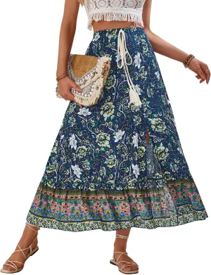 Women's Flowy Maxi Skirt Summer Casual High Elastic Waist TieFloral Boho Pleated A-Line Long Skirts for Beach Party Holiday