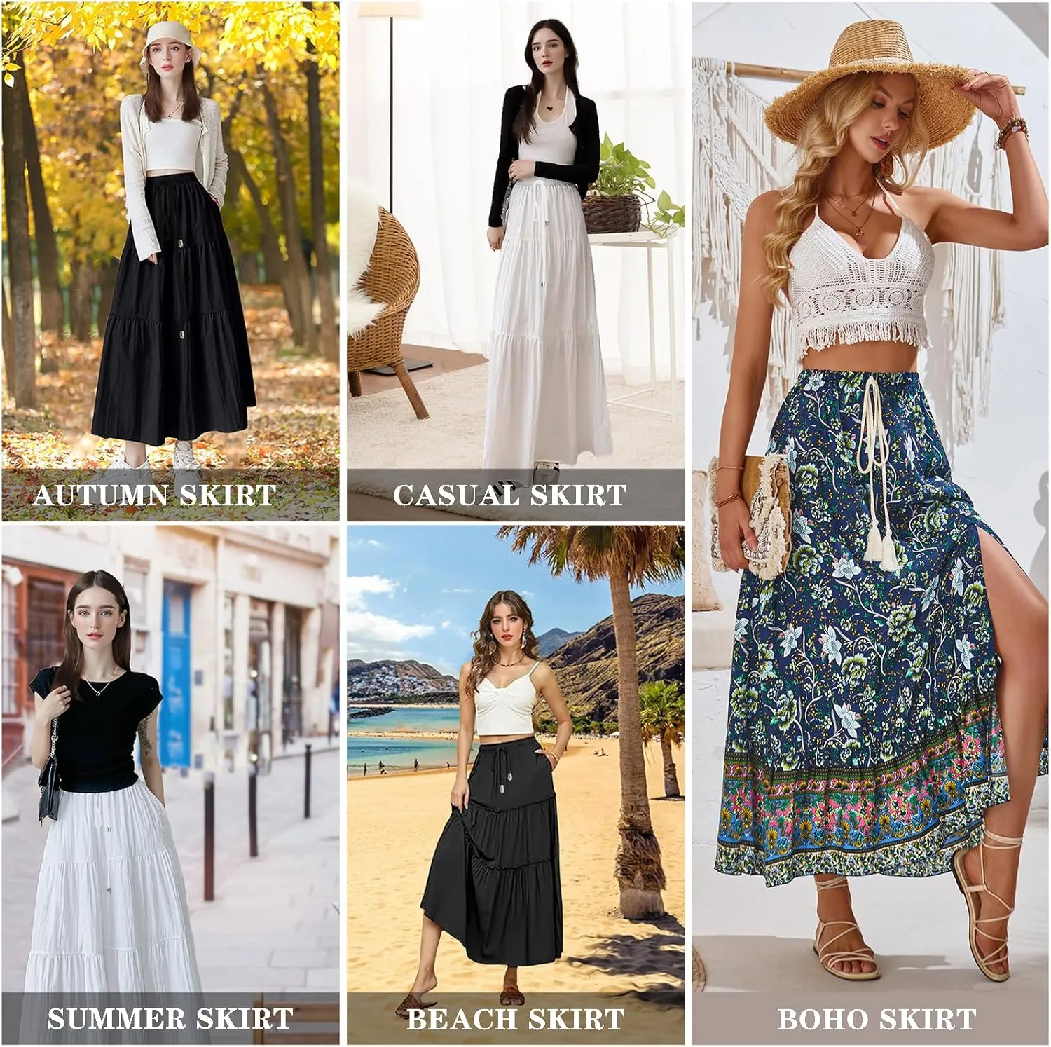Women's Flowy Maxi Skirt Summer Casual High Elastic Waist TieFloral Boho Pleated A-Line Long Skirts for Beach Party Holiday