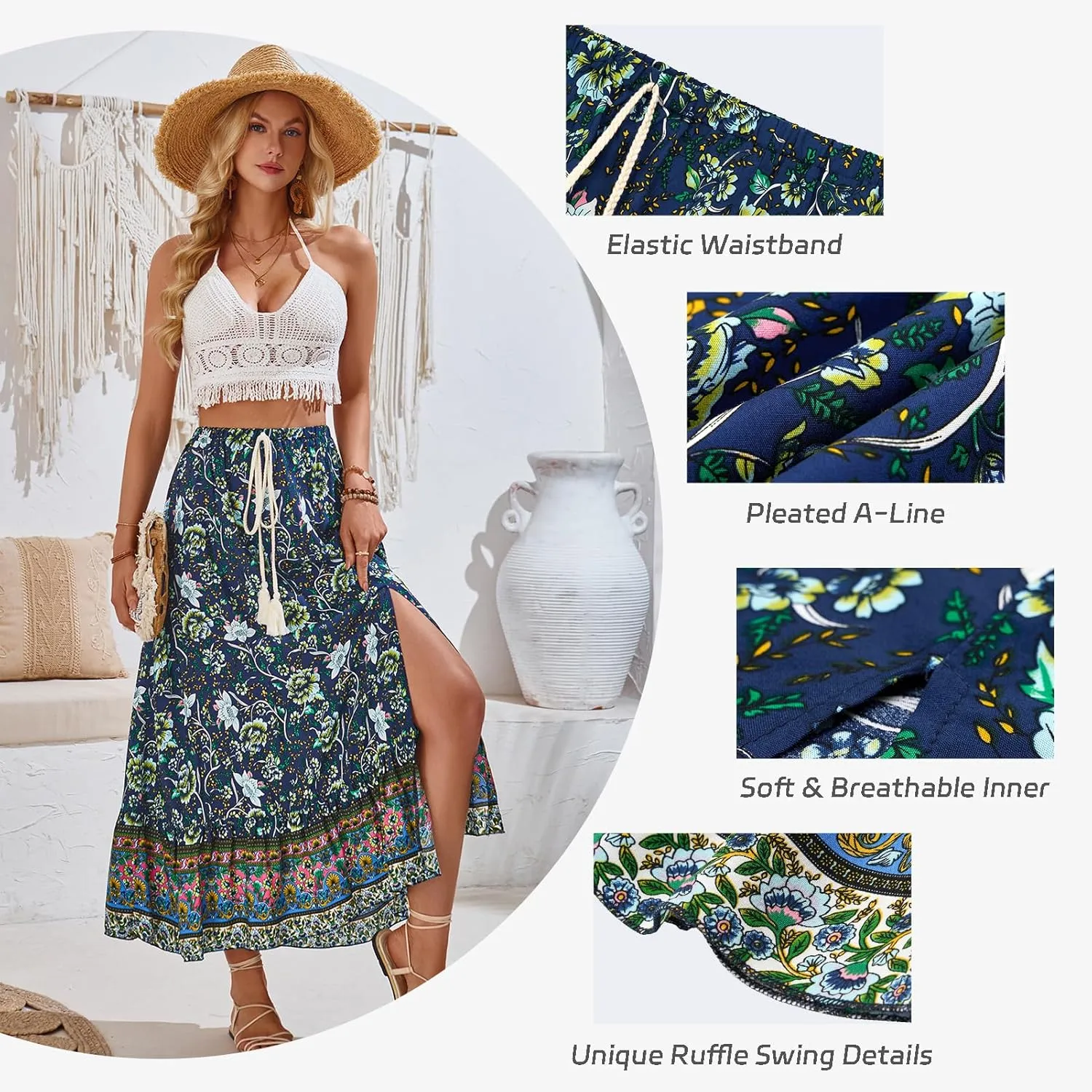 Women's Flowy Maxi Skirt Summer Casual High Elastic Waist TieFloral Boho Pleated A-Line Long Skirts for Beach Party Holiday