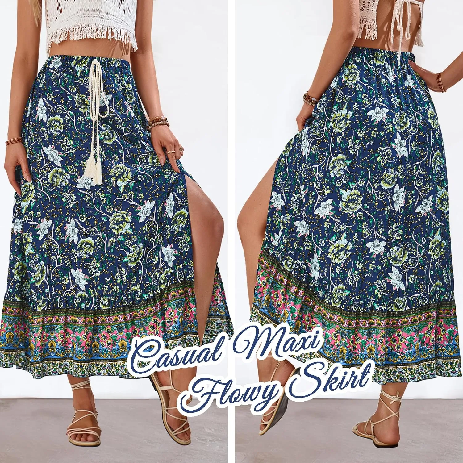 Women's Flowy Maxi Skirt Summer Casual High Elastic Waist TieFloral Boho Pleated A-Line Long Skirts for Beach Party Holiday