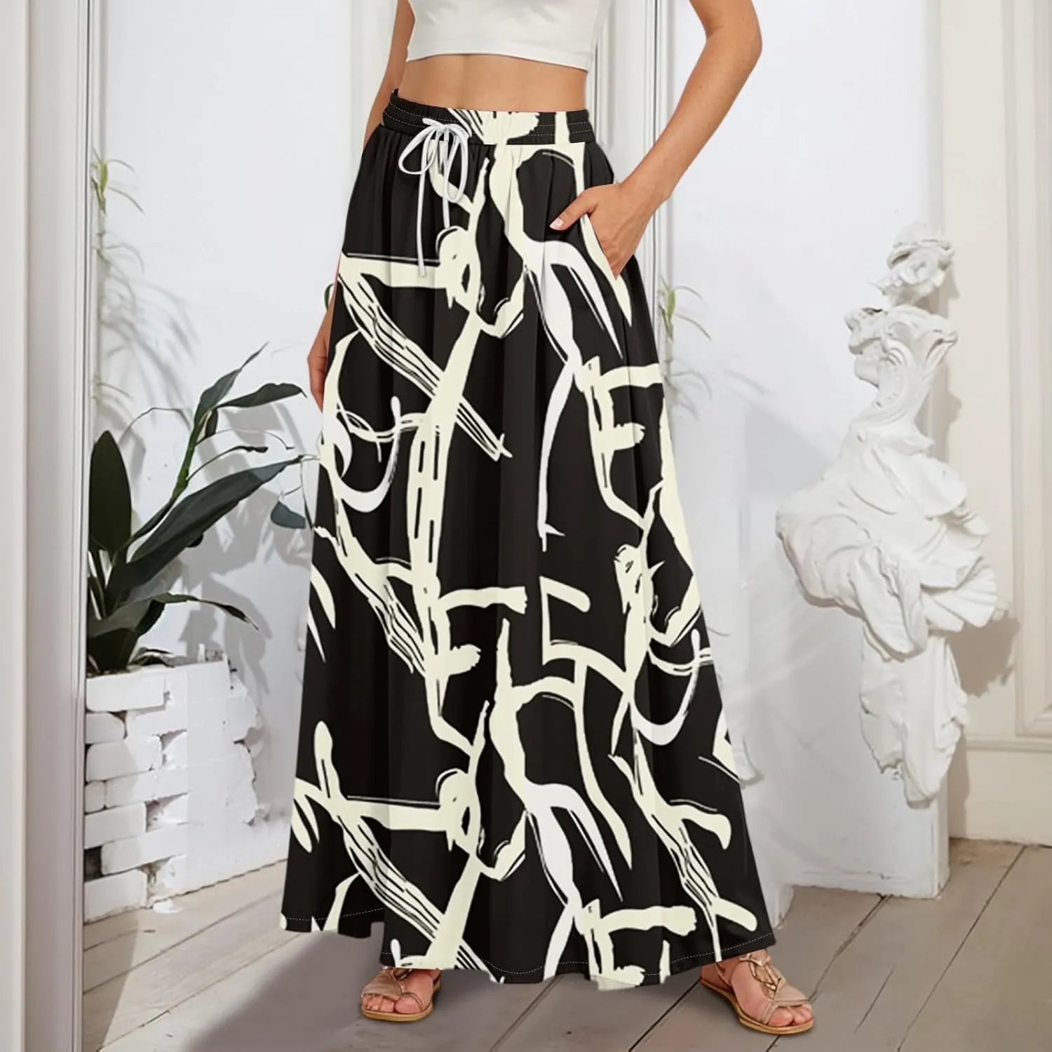 Women's Flowy Maxi Skirt Summer High Waisted Pleated tie Casual Long Skirts with Pockets, S-2XL